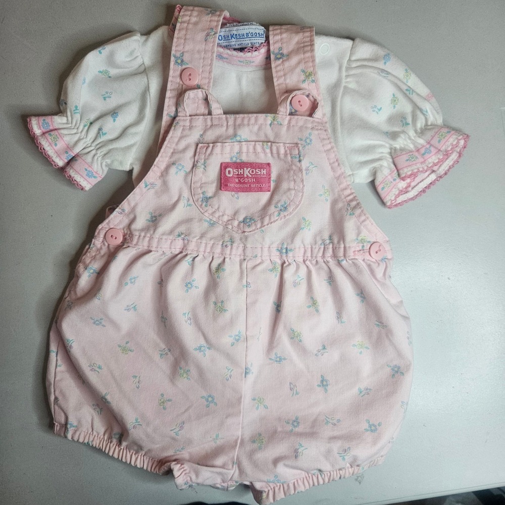 Vintage‎ OshKosh Bgosh Baby Girls Pink Floral Romper Shirt Set Made in USA 18M